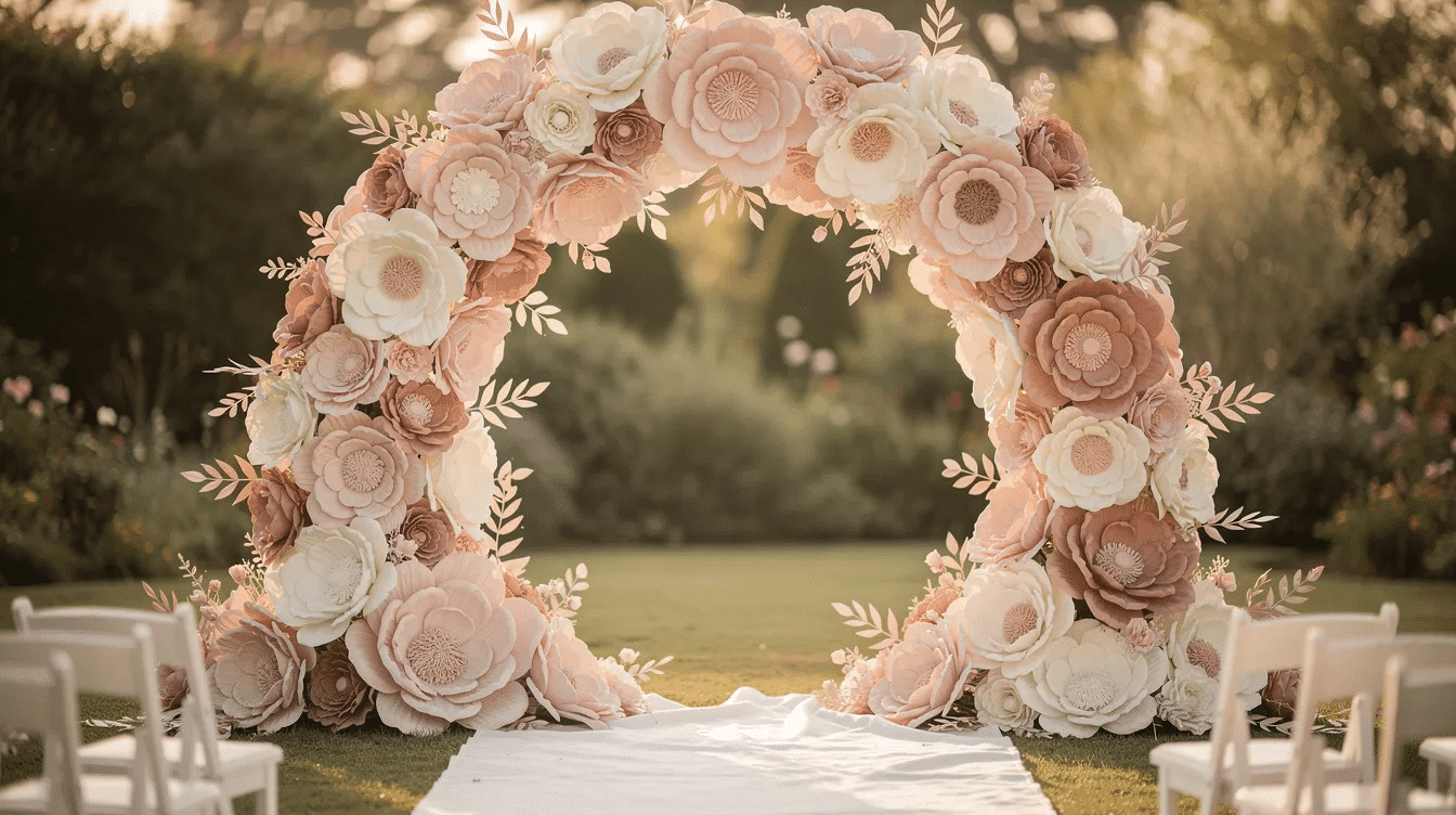 D48535fa c8f9 4c2f a28b 9bd229216b9c The image features a large paper flower arch serving as a stunning backdrop for a wedding ceremony adorned with vibrant colors that complement the overall wedding decor This DIY wedding decoration idea creates an elegant and eco friendly atmosphere perfect for an outdoor celebration