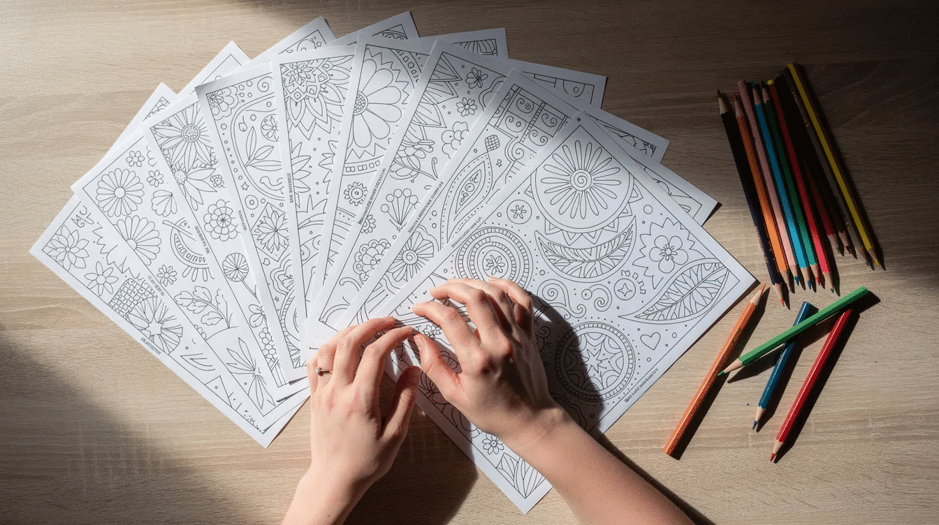 A person is arranging black and white coloring pages on a desk with a variety of colored pencils and markers nearby ready for an adult coloring session to relieve stress and unleash creativity The pages feature intricate artwork perfect for creating a custom coloring book