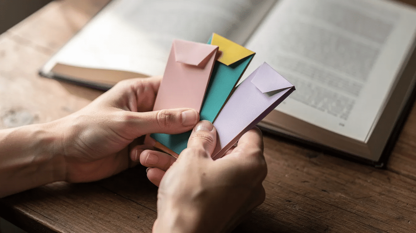 D582644b c86e 4bee b90b cbcc18d4b482 A pair of hands holds colorful origami corner bookmarks made from square pieces of paper positioned near an open book The bookmarks featuring cute designs are ready to tuck into the left and right corners of pages adding a fun and creative touch for book lovers