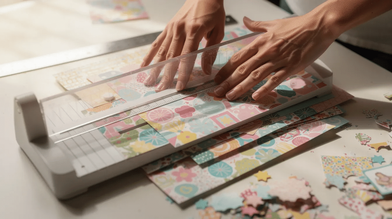A close up view shows hands using a tabletop paper trimmer to cut vibrant patterned scrapbook paper into perfectly straight lines highlighting the essential tools for paper crafting and creating beautiful scrapbook pages This image captures the fun and creativity involved in scrapbooking as well as the importance of using quality scrapbook materials to preserve memories