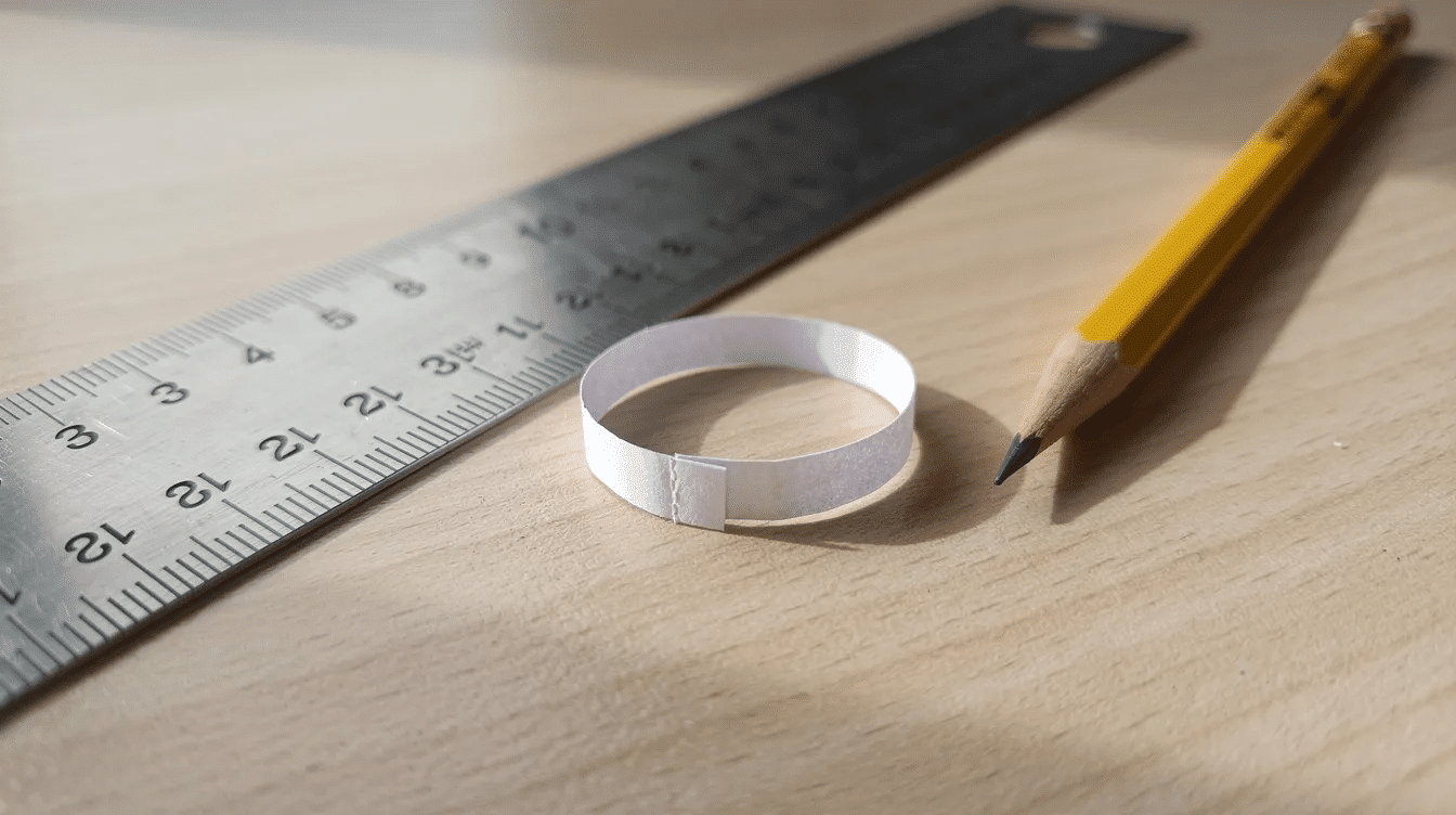The image features a small completed origami paper ring resting beside a ruler and a pencil on a table showcasing the elegant craftsmanship of paper folding This simple origami project is perfect for beginners and can inspire kids and friends to create their own paper rings using the same technique