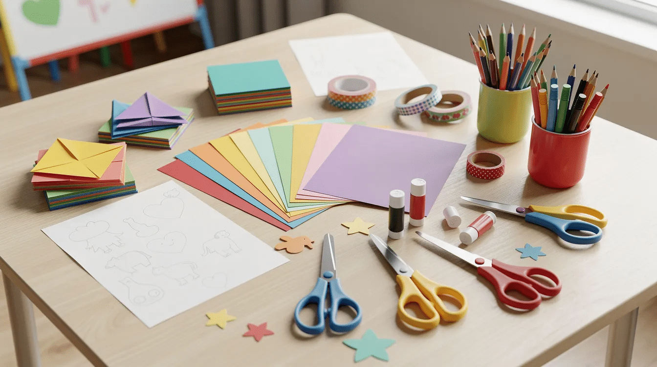 Dc4b1fc5 199b 4cc2 b428 fb2a3060f08d A vibrant assortment of paper craft supplies including colored pencils scissors and glue is neatly arranged on a classroom table perfect for fun paper craft projects that enhance fine motor skills for kids The colorful materials invite creativity making it an ideal setup for crafting paper flowers chains or decorations for special occasions like birthday parties or holidays