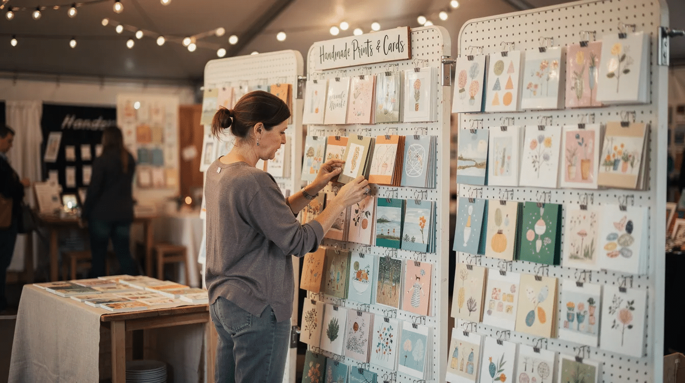 Dcbb0b51 06a1 447e 886c 9e452c2c8305 A vendor at a craft fair is meticulously arranging colorful paper cards and prints on vertical pegboard displays illuminated by soft lighting creating an inviting atmosphere for customers The setup showcases a variety of unique paper crafts perfect for DIY gifts and inspired ideas