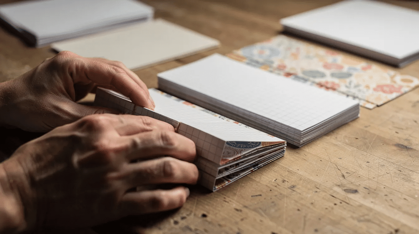 The image depicts hands carefully folding a stack of mixed papers including plain graph and decorative scrapbook paper into signatures for a DIY journal project This step is essential for creating the inside pages of a handmade journal showcasing various binding methods and materials used in crafting