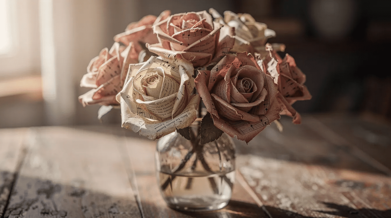 E02cf4e2 0755 43a1 acca 3da190dc38cc The image features a small vase filled with finished vintage paper roses made from book pages showcasing various layers and petals that resemble real flowers The arrangement is both gorgeous and creative demonstrating a great idea for a DIY project or decoration