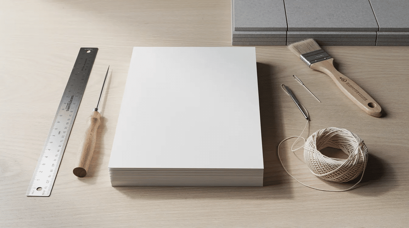 E0768fc5 be60 42ac 82f8 107d7e7b824b The image depicts a clean workspace featuring various materials for DIY sketchbook binding including sheets of paper a ruler a needle sewing thread and a glue brush all arranged neatly on a table The workspace is ideal for creating your own sketchbook with tools ready for binding the front and back covers and assembling the signatures