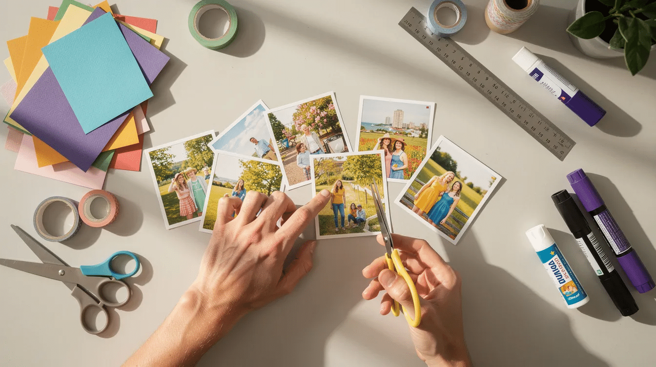 E0cdbd24 2d73 4c25 be07 9834f1fff69b The image shows hands carefully arranging printed photos patterned paper scissors and various craft supplies on a bright table creating a vibrant scrapbook layout This scene captures the joy of memory keeping as the individual prepares to decorate a scrapbook page filled with precious memories and everyday moments