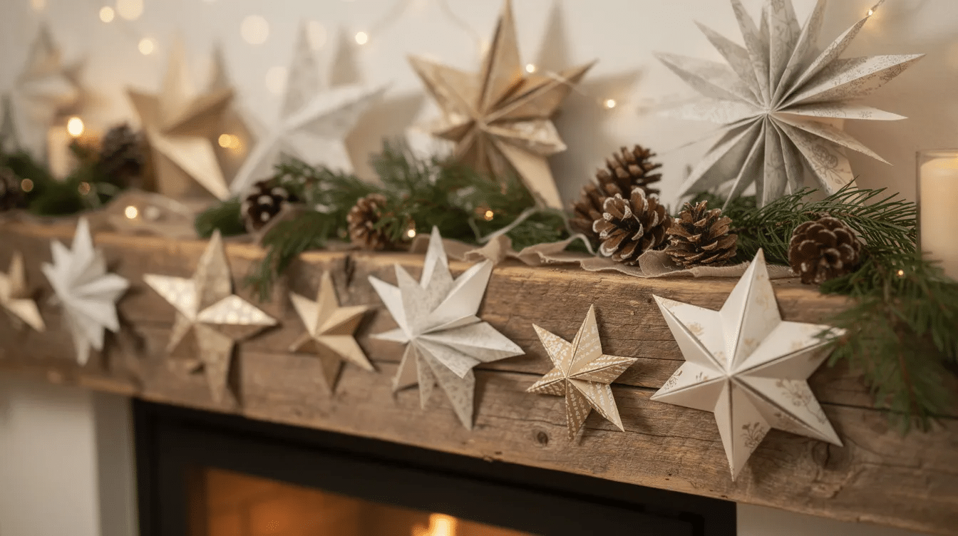 E39656e0 7804 49bd 902d 3180bf611f0a The image features an assortment of handmade paper stars intricately crafted and adorned with pinecones and greenery beautifully arranged on a mantel for the festive season These paper star decorations add a charming and whimsical touch to the holiday decor showcasing the creativity of paper crafts