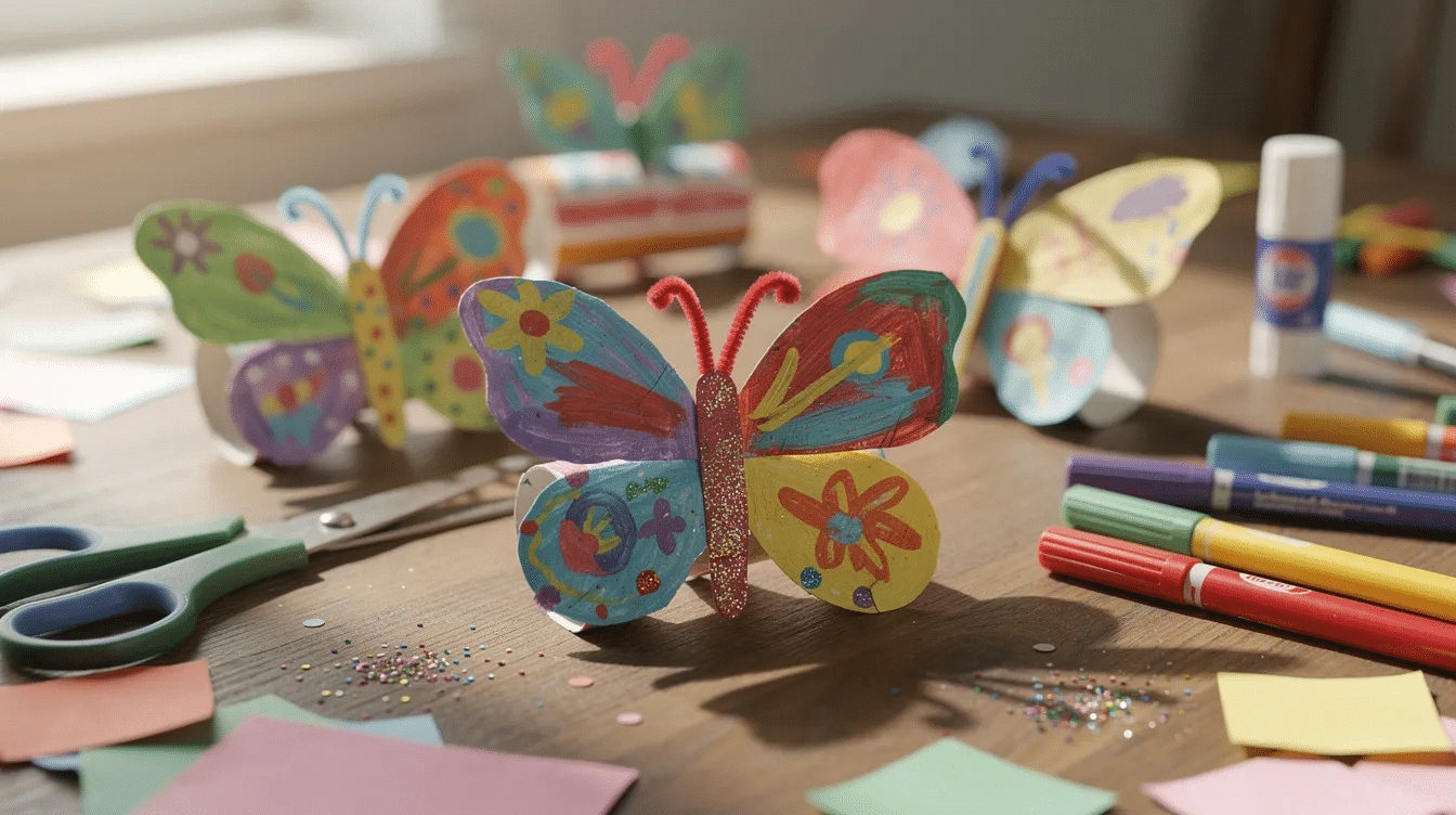 E579c24c dc48 405f 9c86 95483b63c84c The image features colorful toilet paper roll butterflies displayed on a craft table showcasing various designs with butterfly wings made from painted paper and adorned with craft supplies like pom poms and googly eyes This fun DIY project highlights the creativity of kids as they create their own butterflies using extra toilet paper rolls and other materials