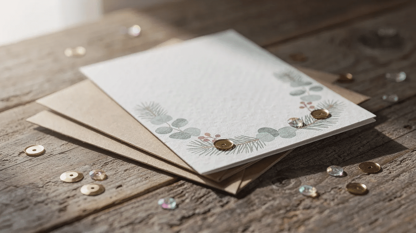E74e8e0a 78a9 4e83 9a8a 6b6926f63729 A small stack of handmade Christmas cards featuring stamped greenery designs and decorated with scattered sequins rests on a table alongside kraft envelopes The cards showcase unique card designs perfect for sending personalized greetings during the holiday season