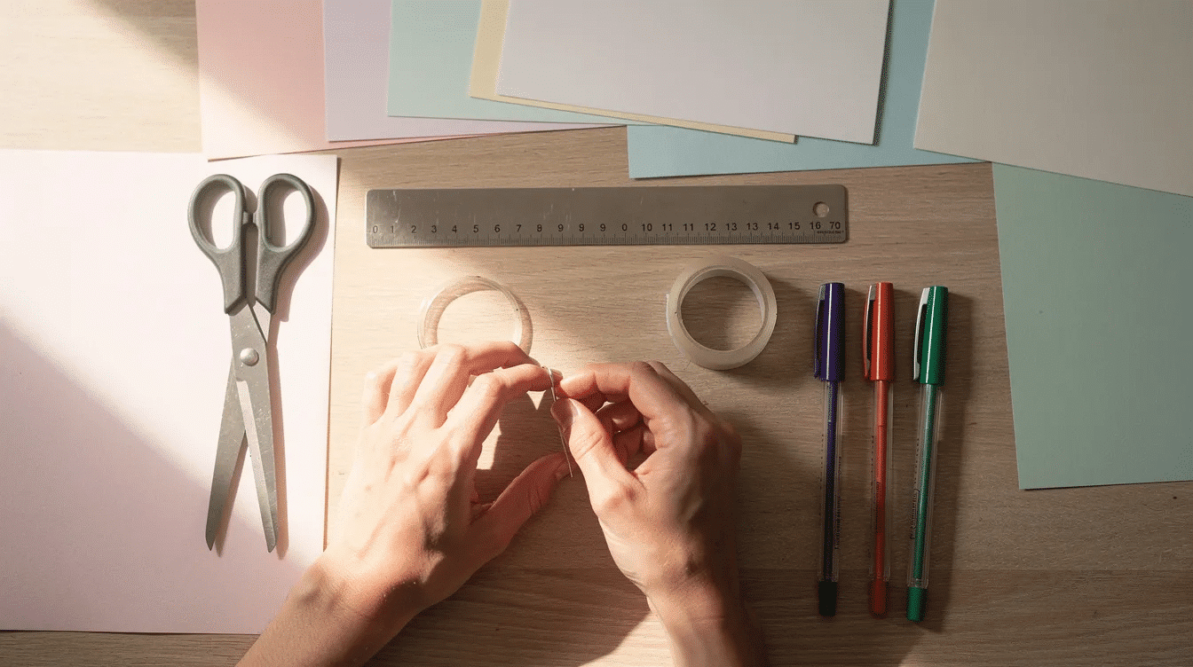 The image shows hands arranging various crafting supplies including scissors a ruler tape and pens on a craft table ready for a DIY project to create a mini notebook from paper The tools are neatly organized suggesting an easy project to make a personalized notebook with lined paper and decorative elements