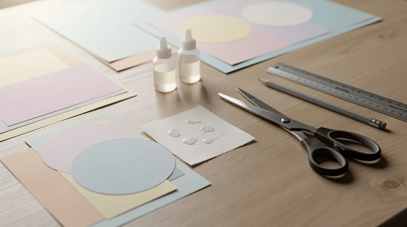 The image shows a tidy crafting desk featuring various layers of colorful paper a pair of scissors and small bottles of glue such as art glitter glue and UHU glue stick perfect for completing paper crafts The organized setup invites creativity and happy crafting with tools ready for projects involving die cuts and embellishments