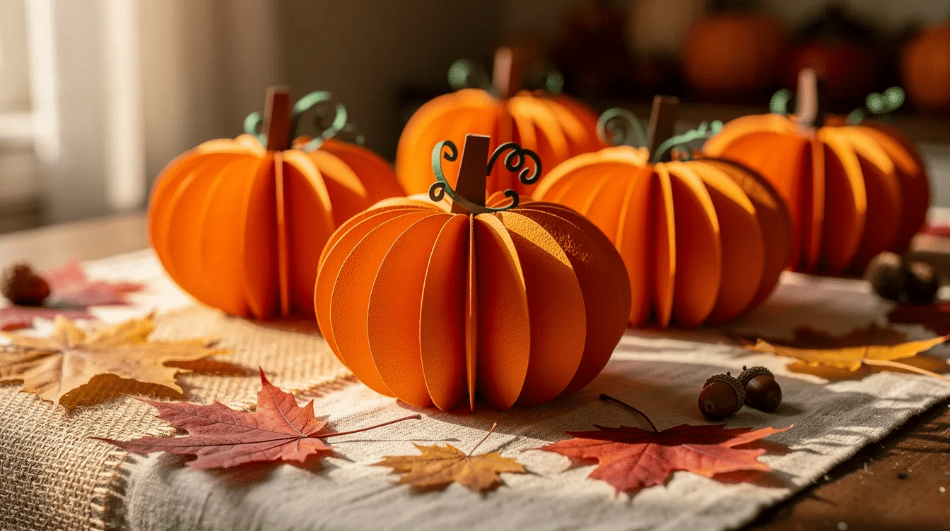 Eb847336 2b19 491a 8a74 be6b6a5b7ba9 The image features a collection of adorable orange paper pumpkins displayed on a fall themed table showcasing various sizes and shapes made from scrapbook paper and paper strips These cute paper pumpkins are a fun way to decorate for Halloween and can be easily created using a pumpkin template and a glue gun