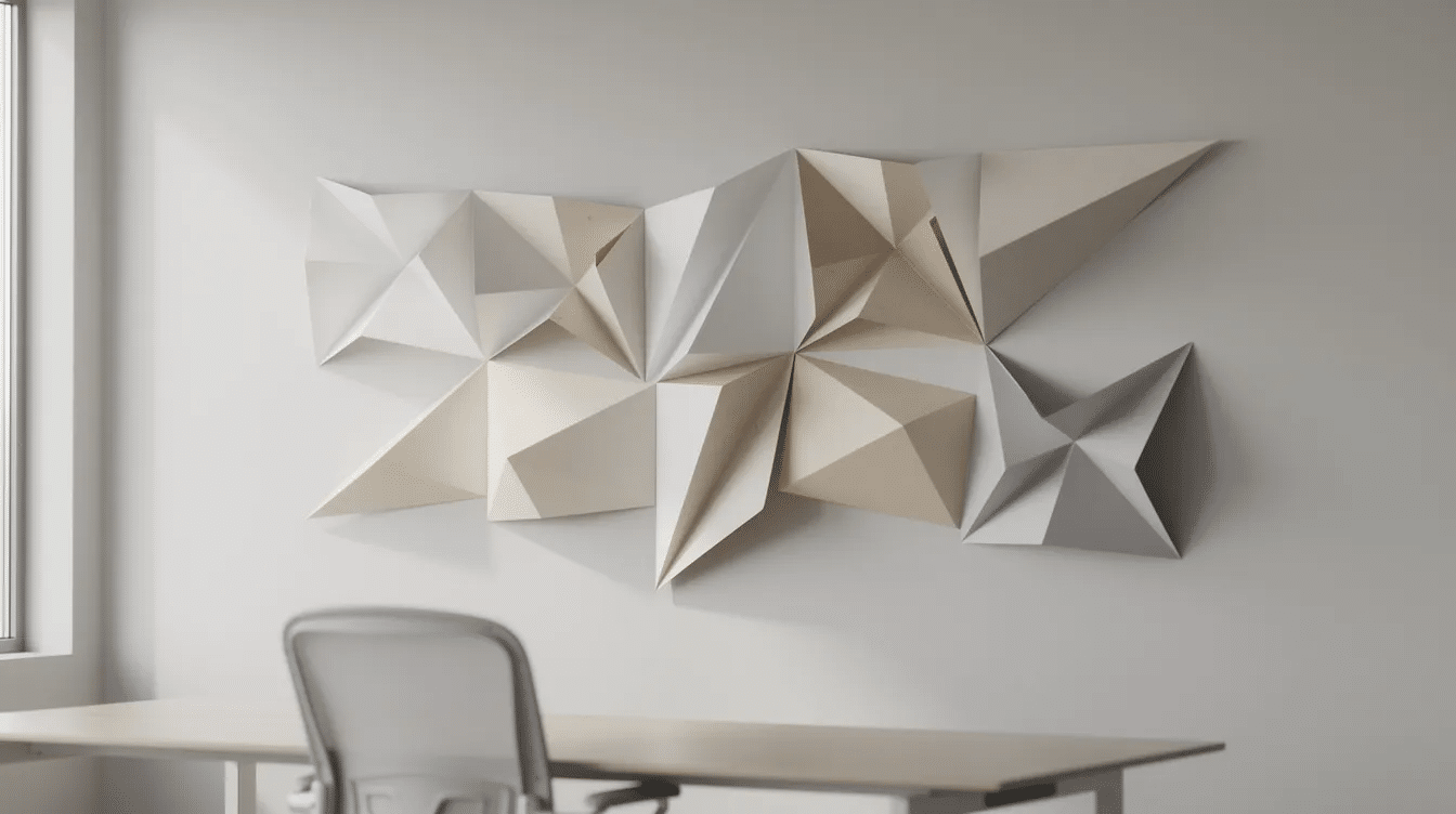The image showcases a modern office wall adorned with folded geometric paper shapes in neutral colors creating a stylish and creative atmosphere These paper crafts made from simple materials like scrapbook paper and hot glue add an extra flair to the workspace making it a perfect decoration idea for year round inspiration