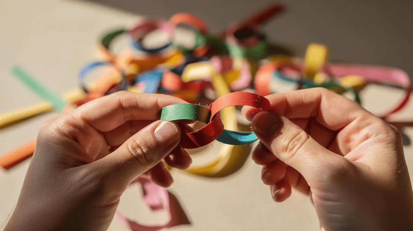 A close up view of hands skillfully forming colorful paper strips into interlocking loops showcasing a DIY paper garland project The vibrant colors and intricate shapes highlight the fun and creativity involved in making festive holiday decor or decorations for events like baby showers