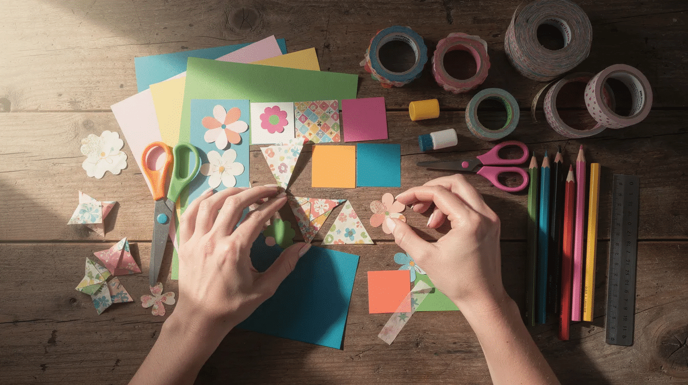 The image shows hands carefully arranging vibrant paper craft materials including various colorful paper sheets on a wooden table highlighting the creative process of papermaking and crafting This scene captures the essence of handmade artistry and the potential for producing unique items to sell