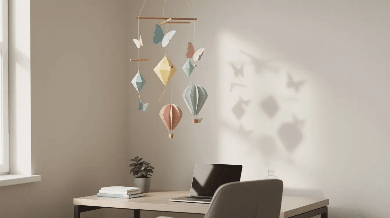 A colorful paper mobile hangs in the top corner of an office featuring various shapes like butterflies kites and hot air balloons crafted from different shades of scrapbook paper This stylish decoration adds extra flair to the space showcasing a fun and creative paper craft project that is surprisingly easy to assemble using only a few simple materials
