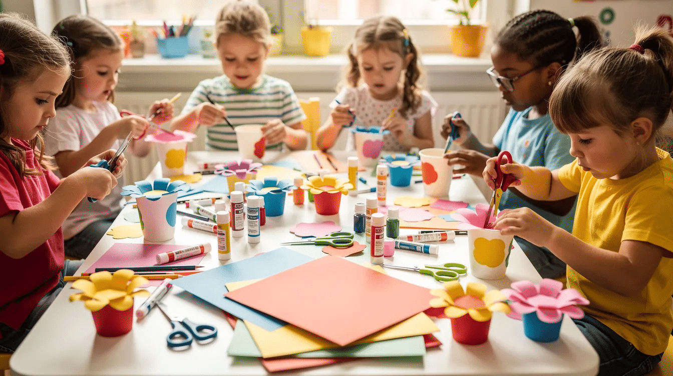 A group of children is joyfully creating colorful paper cup flowers at a craft table surrounded by various supplies like paint scissors and permanent markers The vibrant paper cups are being transformed into cute flowers with petals and stems making this a fun and creative paper cup flower craft for kids