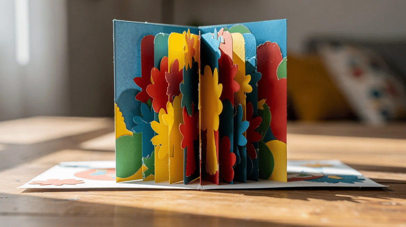 Ef852e38 ab0c 49a1 9ead d93f173c36b5 A colorful handmade pop up card stands open on a table showcasing intricate paper cutting and folding techniques with decorative paper flowers and symmetrical patterns that highlight the art of kirigami The card features carefully cut designs along dotted and solid lines making it an engaging project for beginners interested in paper craft