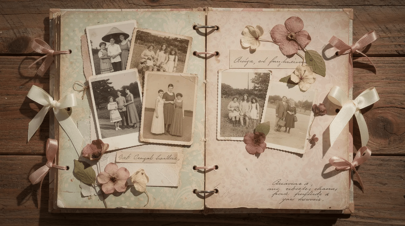 The image features a scrapbook page adorned with old photos of family members patterned paper colorful ribbons and dried flowers showcasing a creative way to preserve memories This engaging project highlights the joy of paper crafts allowing seniors to express their creativity and share stories in a personal and meaningful way