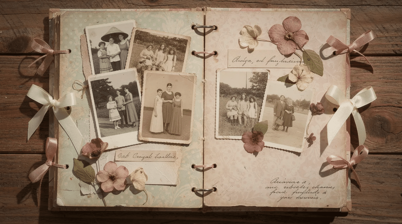 The image features a scrapbook page adorned with old photos of family members patterned paper colorful ribbons and dried flowers showcasing a creative way to preserve memories This engaging project highlights the joy of paper crafts allowing seniors to express their creativity and share stories in a personal and meaningful way