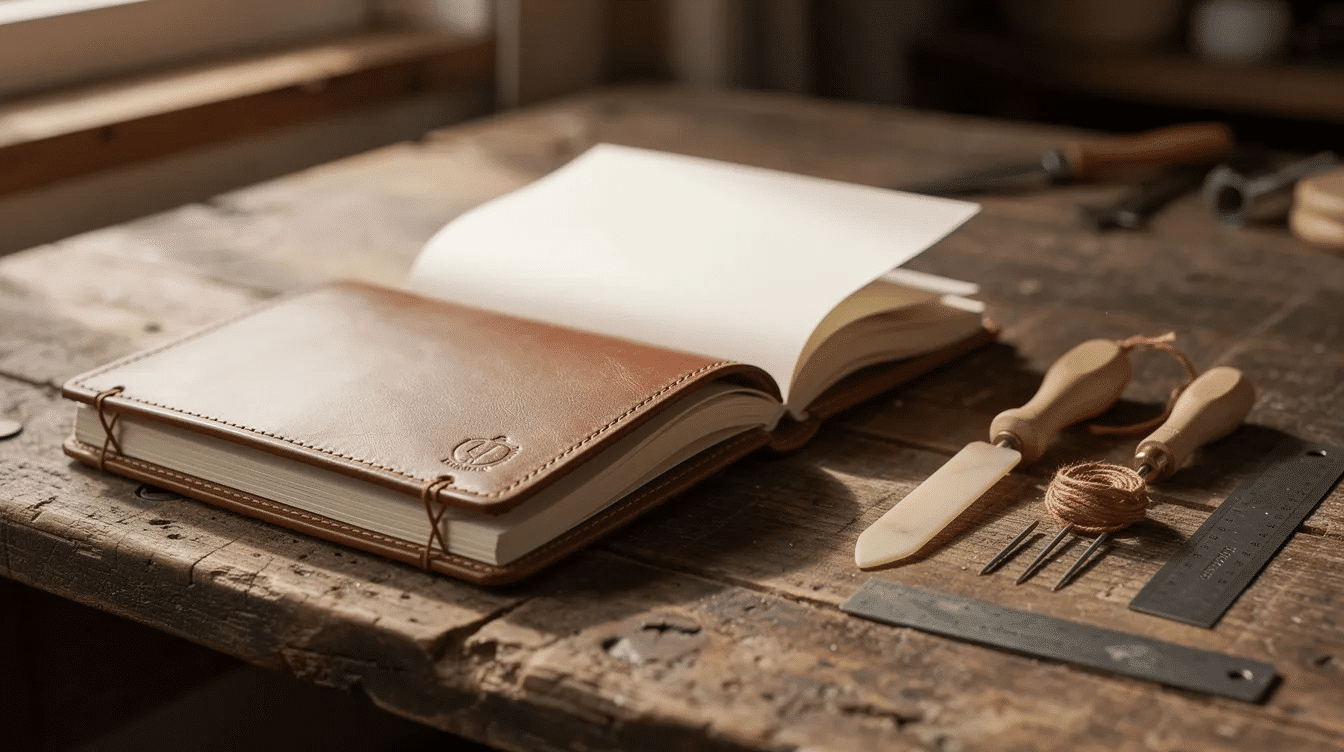 The image features a handmade notebook resting next to essential bookbinding tools including a needle and binding thread The notebook showcases a sturdy cover and neatly stitched pages while the tools hint at the fun process of creating and binding your own unique notebooks