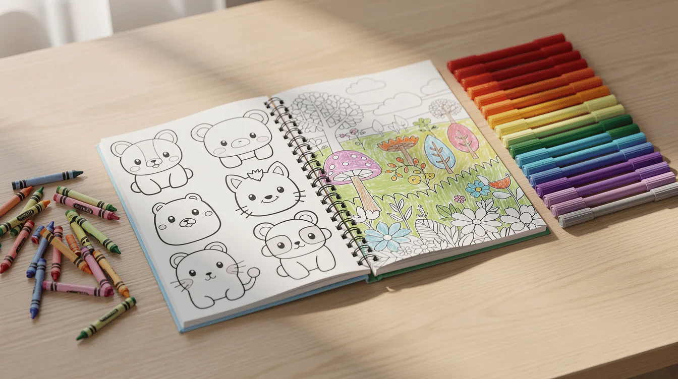 An open spiral bound coloring book lies beside a collection of colorful markers and crayons showcasing its blank interior pages ready for creativity This adult coloring book invites users to fill its pages with vibrant artwork providing a fun and relaxing way to relieve stress