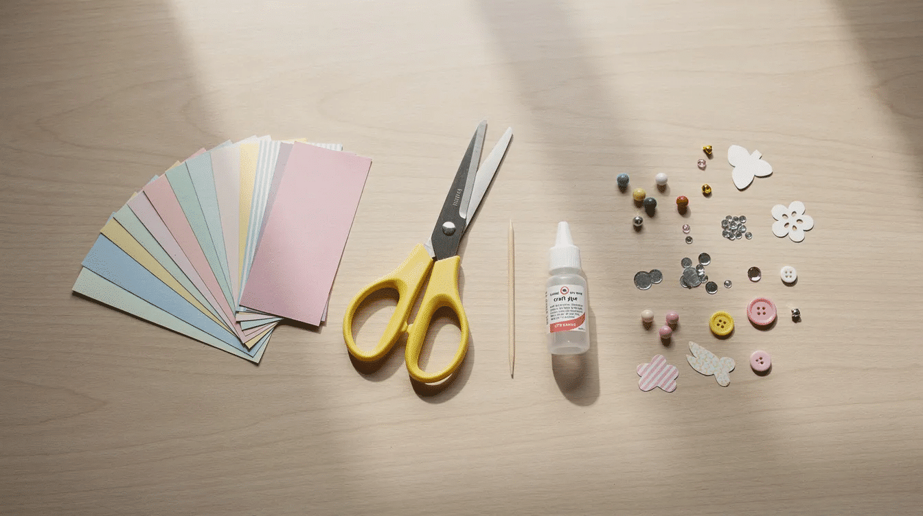 F2474461 a697 4805 bfd1 bddc135d50af A variety of quilling supplies is displayed on a table including colorful paper strips scissors a toothpick and glue all arranged neatly for crafting This setup is ideal for beginners looking to learn quilling techniques and create basic shapes or intricate designs without the use of specialized tools