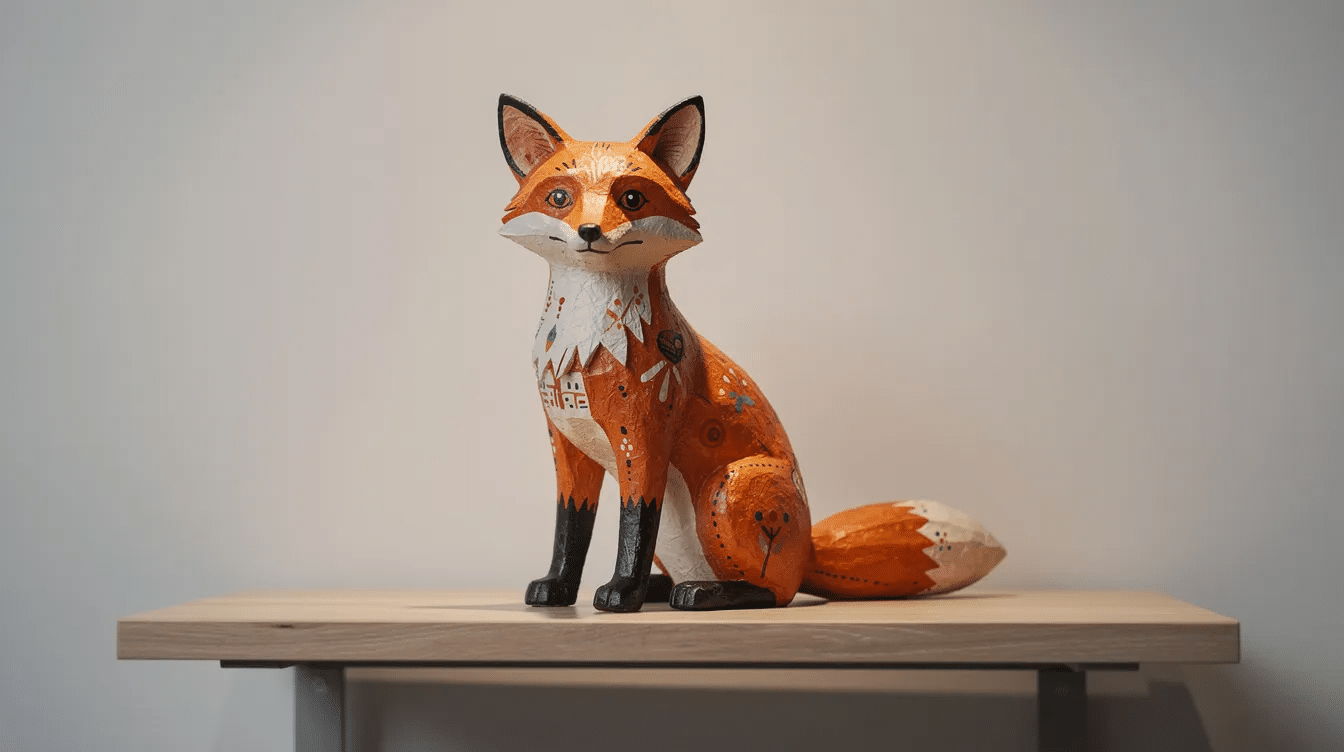 A vibrant painted paper mache fox sculpture sits on a shelf showcasing intricate patterns and colors that highlight its playful form This charming piece of art made from layers of paper and glue exemplifies the creativity involved in crafting paper mache animals