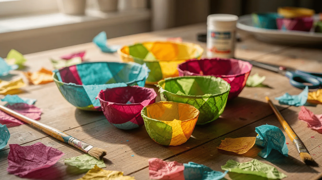 F4188a14 32f2 4f8b ac3b f2559a046eca The image features a vibrant collection of colorful handmade paper mache bowls sitting on a craft table surrounded by brushes and various pieces of tissue paper The bowls showcase interesting designs and different colors highlighting a fun craft project that encourages creativity and fine motor skills