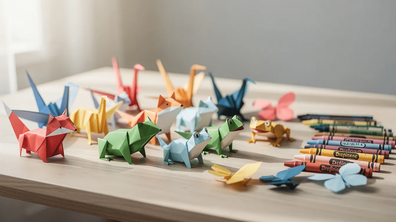 The image features an assortment of colorful origami animals made from paper neatly arranged beside a collection of crayons This vibrant display is perfect for kids looking to explore easy origami tutorials and enjoy fun beginner friendly folding activities
