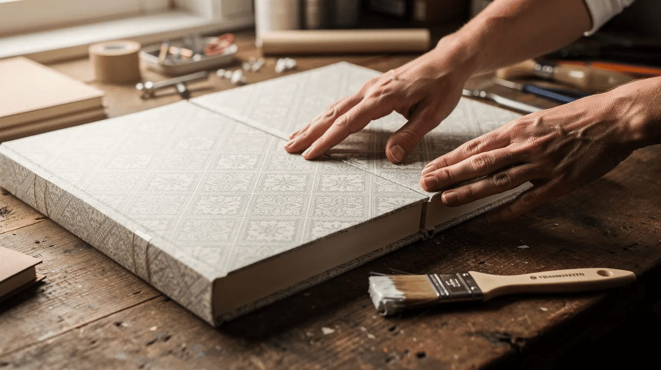 F6c5b123 df93 454e 8ee8 72ed59fabca1 Two hands are smoothing decorative watercolor paper over the front and back covers of a sketchbook with a glue brush placed nearby ready for the bookbinding process The covers are made from sturdy cardboard and the edges are being carefully aligned to ensure a perfect fit for the DIY sketchbook project