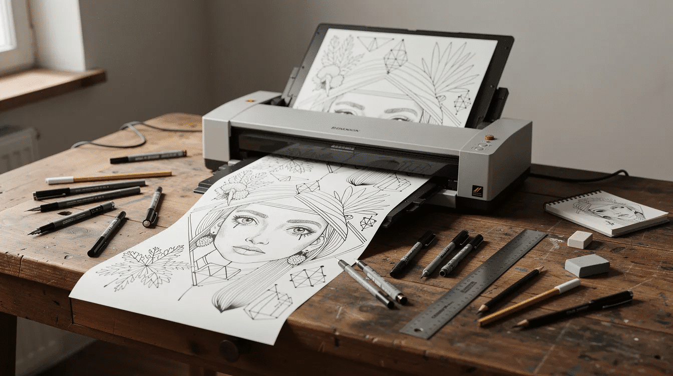 A scanner sits on a table surrounded by black ink line drawings and various art tools like markers and crayons ideal for creating custom coloring books The scene captures the essence of creativity and relaxation perfect for adults looking to relieve stress through art