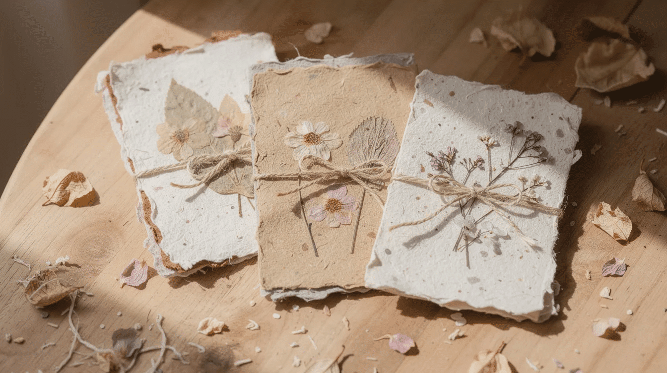 F7da3d7e c7ba 419c a63f 24ce37355064 The image features handmade recycled paper cards adorned with dried flowers and natural fibers showcasing a creative project that emphasizes the beauty of upcycled materials Each card reflects a personal touch making them perfect for heartfelt gifts or special occasions