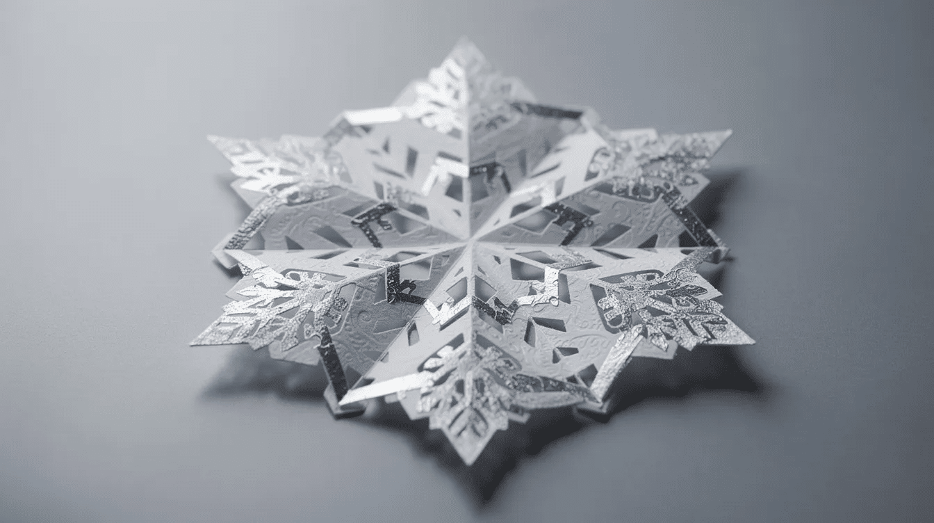 A large six point paper snowflake made from patterned white and silver paper is displayed showcasing intricate designs and concentric slits This beautiful decoration is perfect for hanging from a ceiling or a Christmas tree adding a creative winter touch to any space