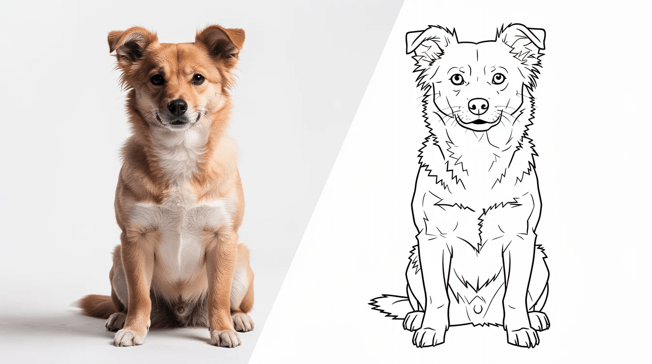 F9062cc7 9349 4da3 9606 2aec45a8c5d5 The image shows a pet photograph being transformed into clean black line art suitable for creating a coloring page This process involves simplifying the details to produce crisp lines that can inspire creativity and be used in custom coloring books for all ages