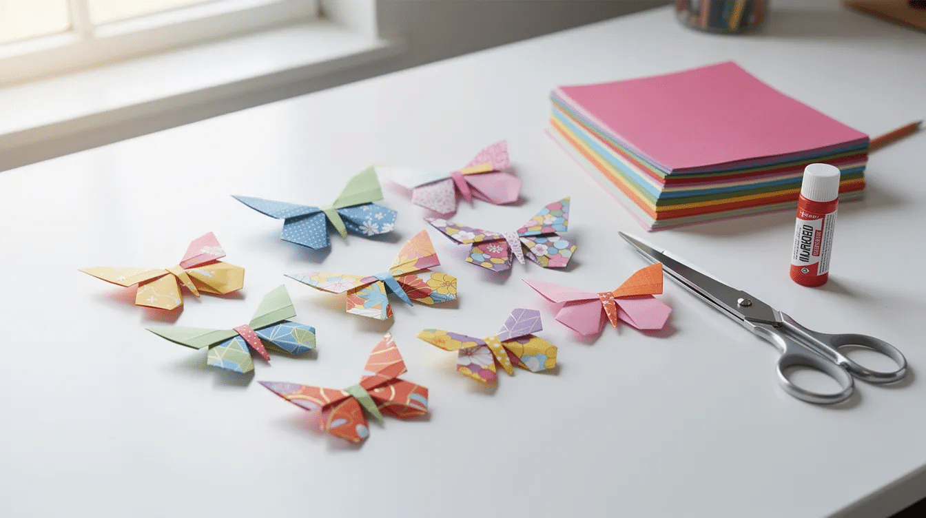The image features a collection of beautifully crafted origami butterflies made from colorful patterned paper arranged neatly beside various simple craft supplies This display showcases the fun and creativity of making easy origami butterflies perfect for beginners and kids alike