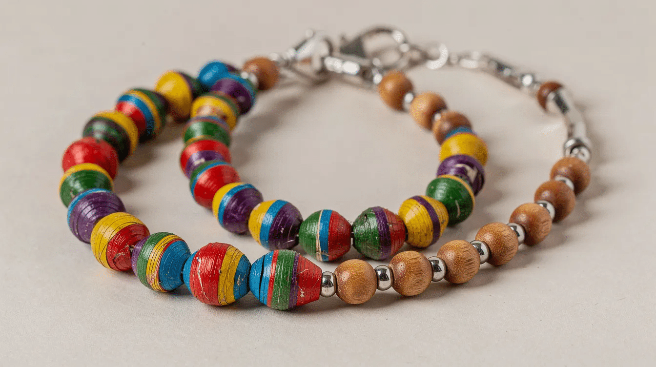 Fa9c5df4 d24e 453c aa7f 42843058bdc5 The image features a vibrant bracelet and necklace made from beautiful paper beads arranged alongside wooden and metal spacer beads The colorful paper beads crafted from various materials such as scrapbook paper and old magazine pages showcase different shapes and sizes adding a playful touch to the jewelry