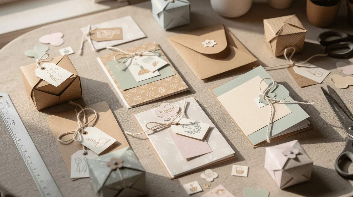 Fb1773cf 08f8 4154 91f7 13e813730438 The image features a craft table adorned with an assortment of handmade cards tags and small paper boxes showcasing various cardstock weights and textures including glossy and heavyweight cardstock These vibrant creations highlight the art of card making and crafting inviting creativity with high quality cardstock paper in different sizes and dimensions