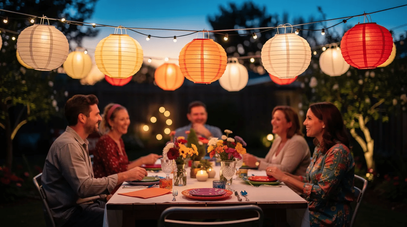 The image features colorful paper lanterns hanging above a festive table creating a cheerful atmosphere for an occasion like Lunar New Year or a wedding The lanterns made from construction paper and decorated in different colors add a playful touch to the setting showcasing the fun of crafting with kids