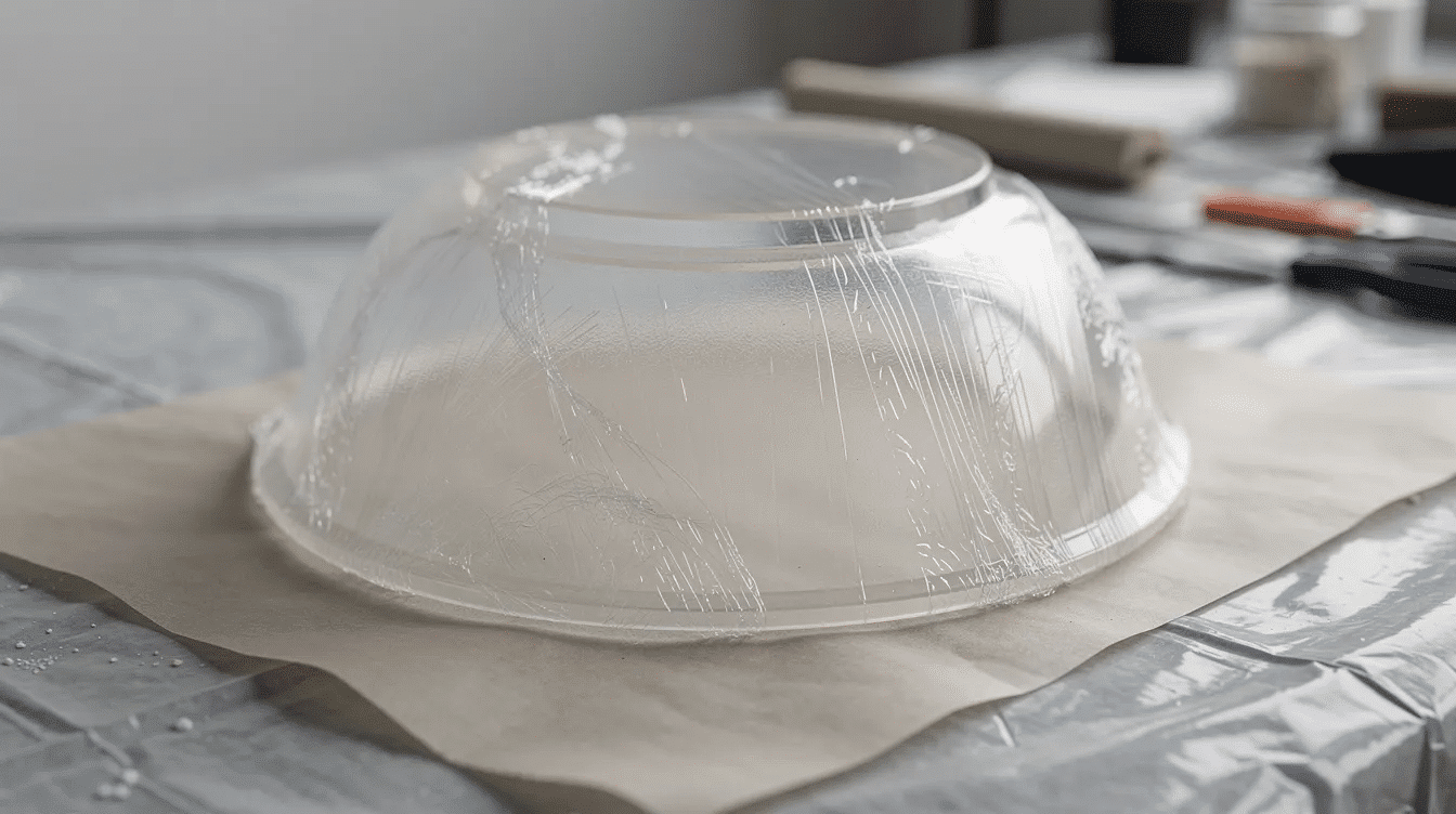 Fbbce8a9 a742 4ed7 98c1 3ee43e3a0210 An upside down bowl mold is covered with clear plastic wrap resting on a protected craft surface ready for a paper mache project The setup suggests preparation for layering strips of newspaper or tissue paper to create a colorful paper mache bowl