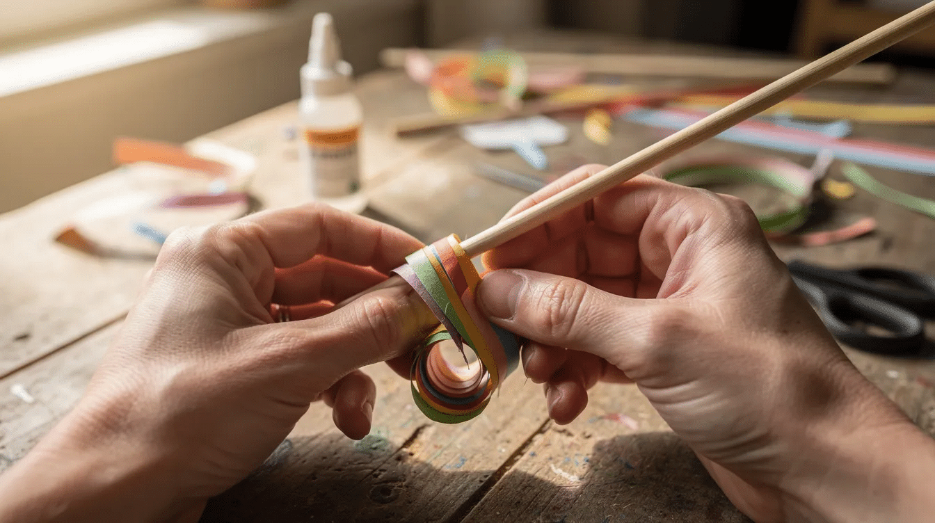 Fed5df42 0af6 47eb a966 d56f4025df6d A pair of hands is skillfully rolling a colorful paper strip around a bamboo skewer on a craft table demonstrating the process of making beautiful paper beads Various crafting materials including a glue stick and scissors are visible emphasizing the fun and creativity involved in bead making