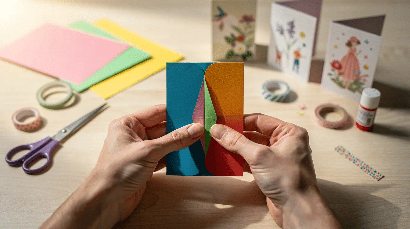 Ffb995b6 72d5 41f0 aa82 4d7360205499 The image shows hands skillfully folding colorful construction paper to create a handmade pop up card surrounded by scissors a glue stick and colored pencils highlighting the fun and creativity involved in making simple pop up cards This DIY project inspires creativity and is perfect for birthday parties or special gifts